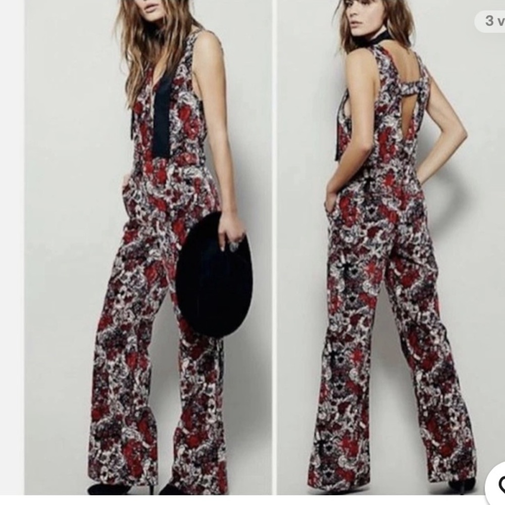 Free People Until Sunrise Velvet Floral Red and Black Sleeveless Jumpsuit